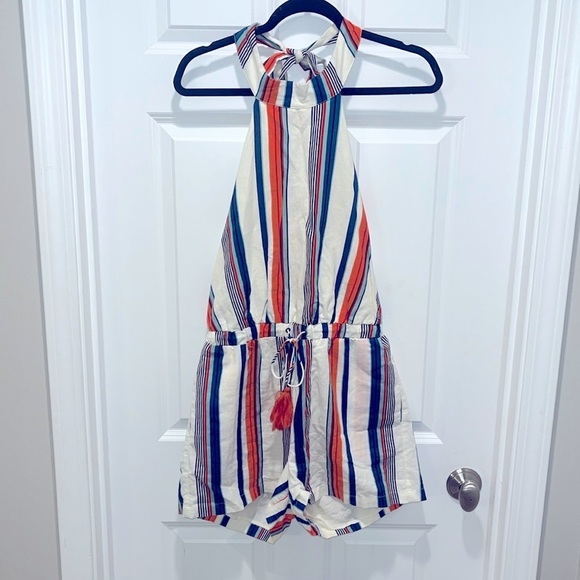 Moon River Pants - Moon River LINEN COTTON blend Striped Halter Romper White Blue Orange